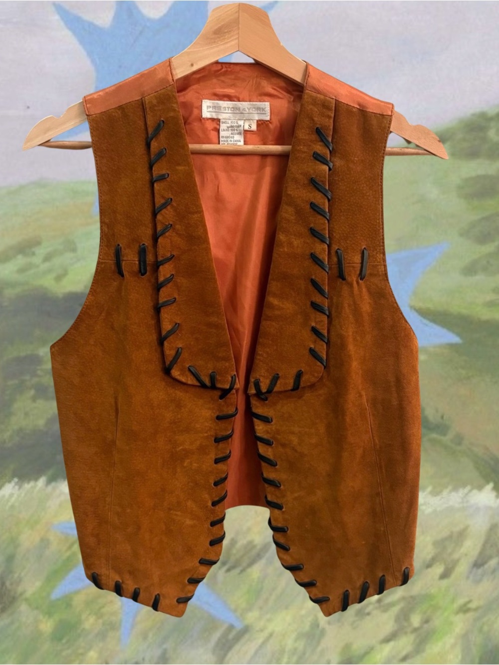 Vintage Preston & York Suede Leather Whipstitch Western Boho Vest